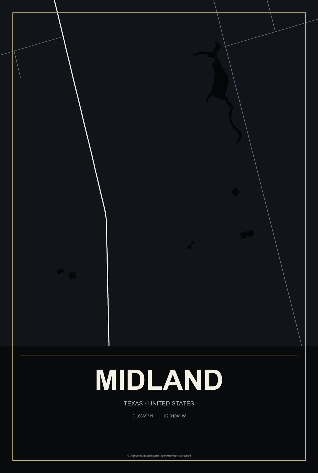 Midland, Texas City Map Aluminum Sign in Metropolitan Noir style