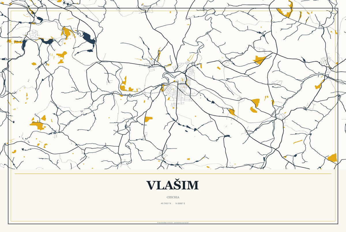 Vlašim, Czechia City Map Aluminum Sign in Citrine Modern style