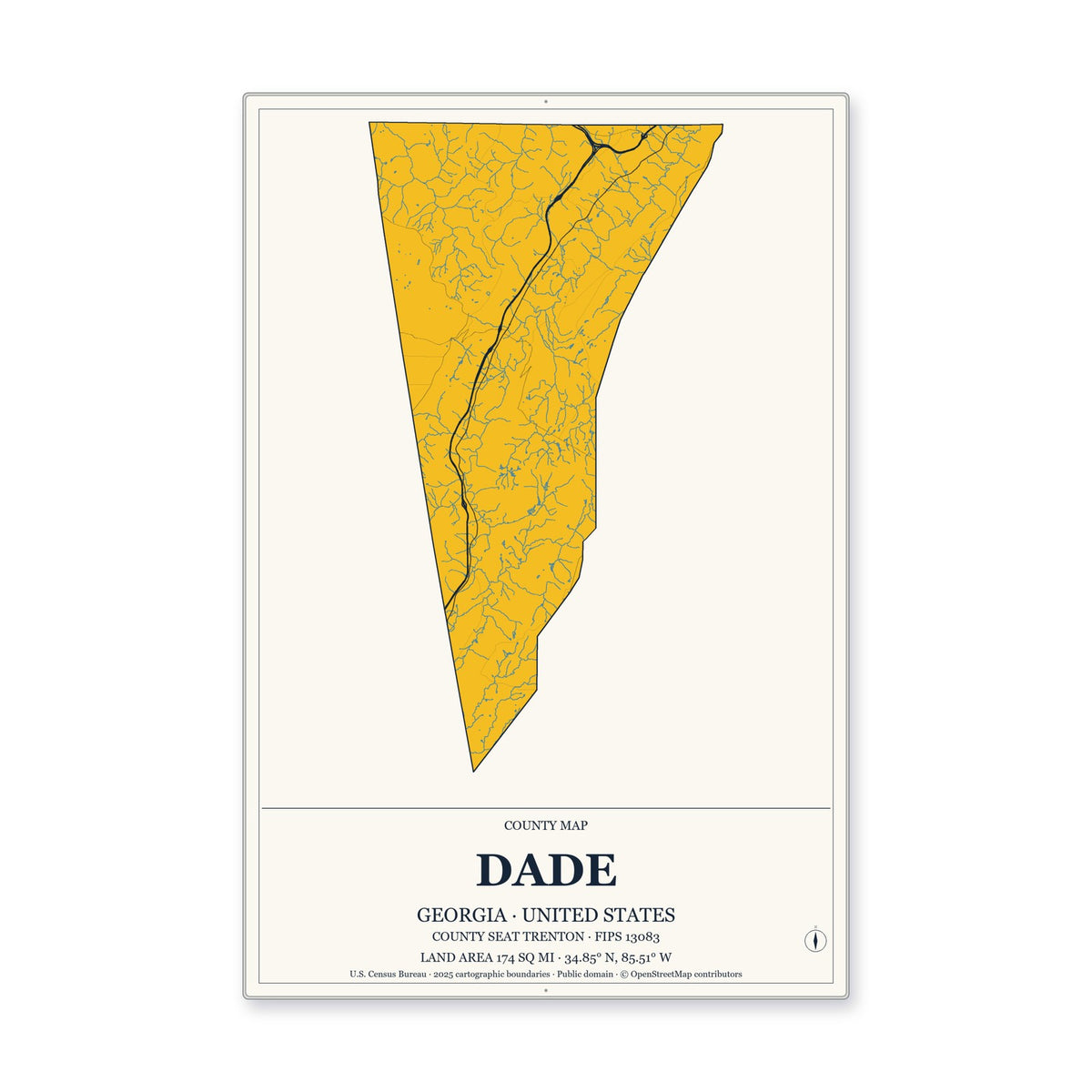 Dade County, Georgia Map Aluminum Sign in Citrine Modern style