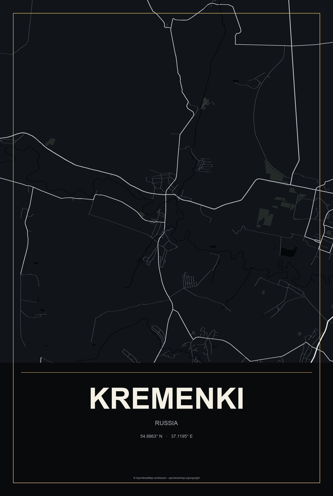 Kremenki, Russia City Map Aluminum Sign in Metropolitan Noir style