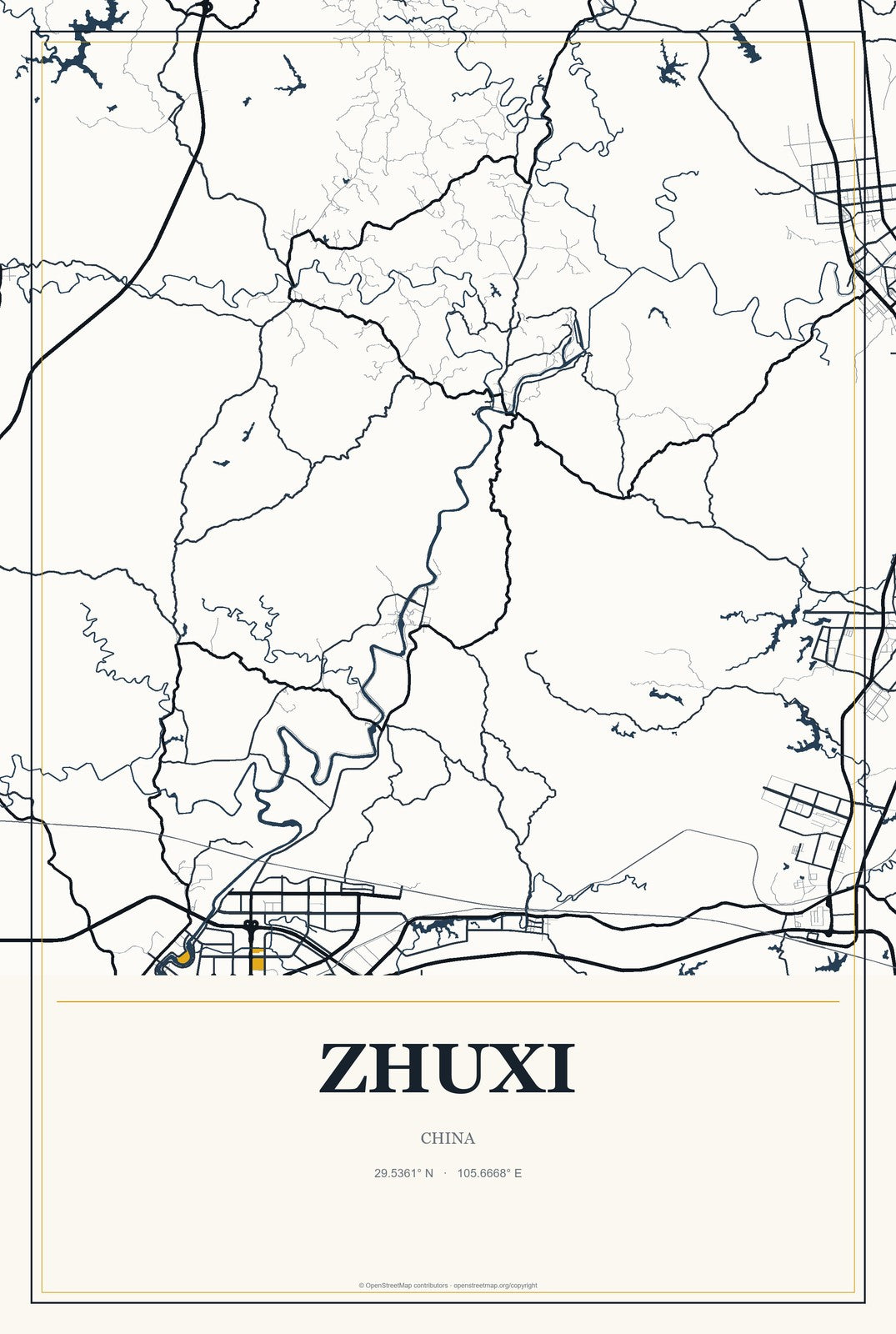 Zhuxi, China City Map Aluminum Sign in Citrine Modern style