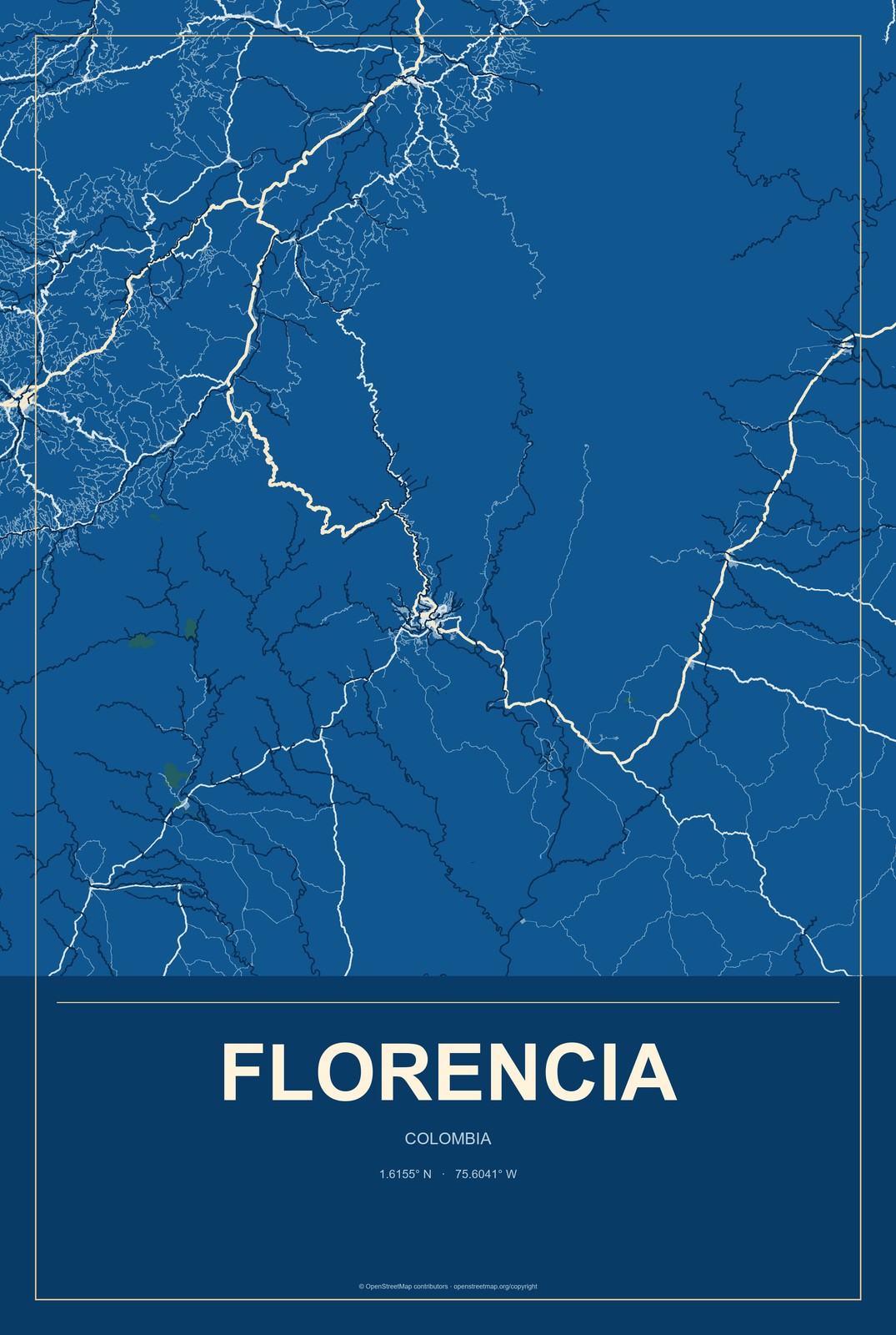 Florencia, Colombia City Map Aluminum Sign in Harbor Cobalt style