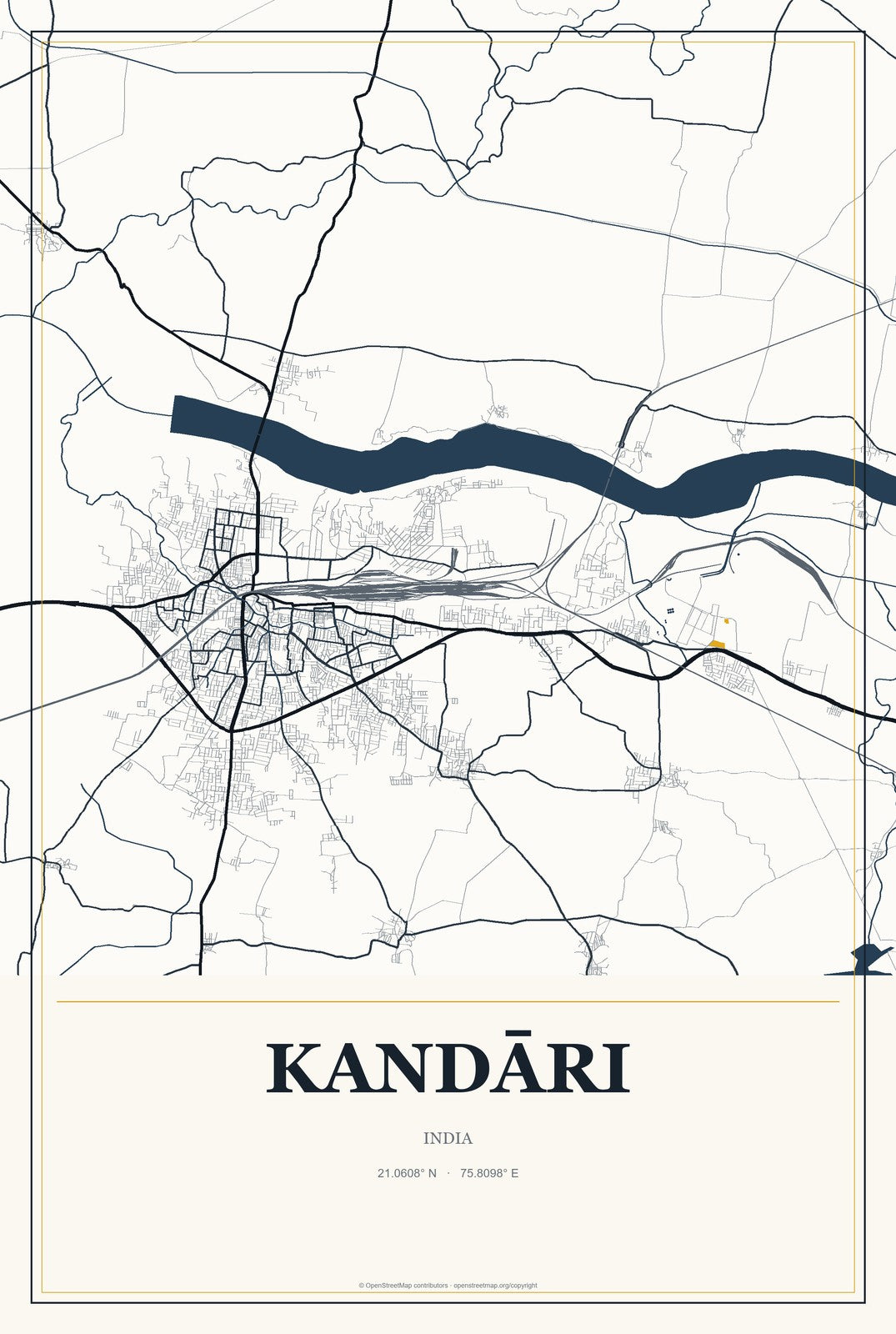 Kandāri, India City Map Aluminum Sign in Citrine Modern style