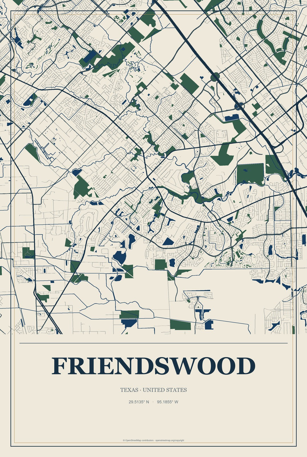 Friendswood, Texas City Map Aluminum Sign in Coastal Cutout style
