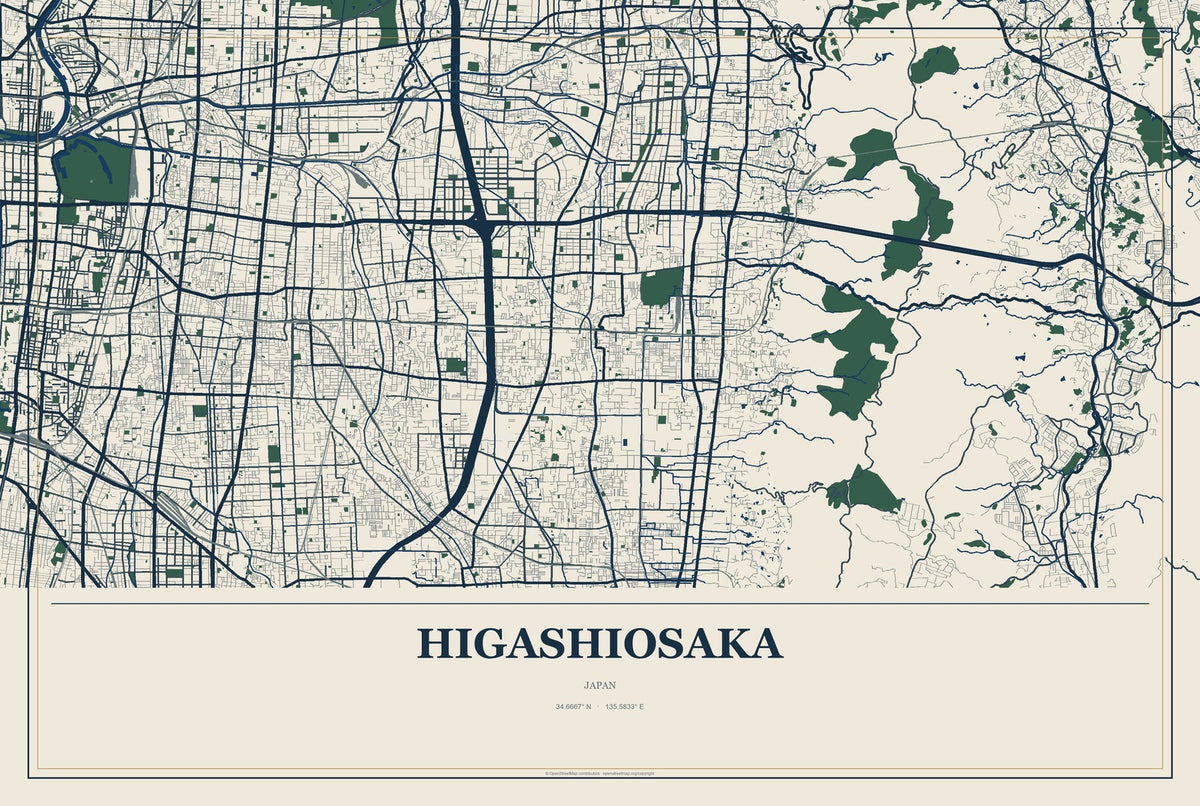 Higashiosaka, Japan City Map Aluminum Sign in Coastal Cutout style