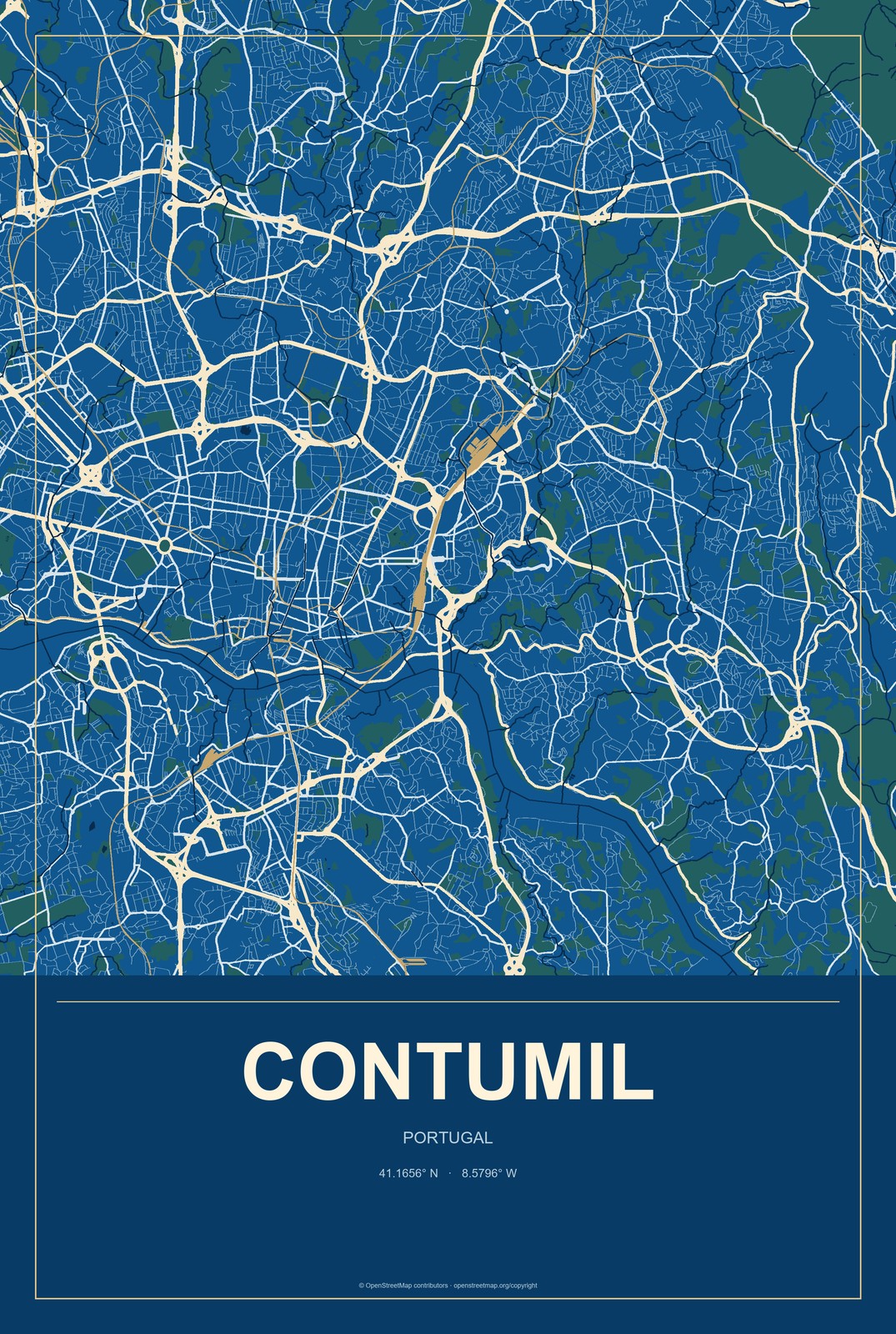 Contumil, Portugal City Map Aluminum Sign in Harbor Cobalt style