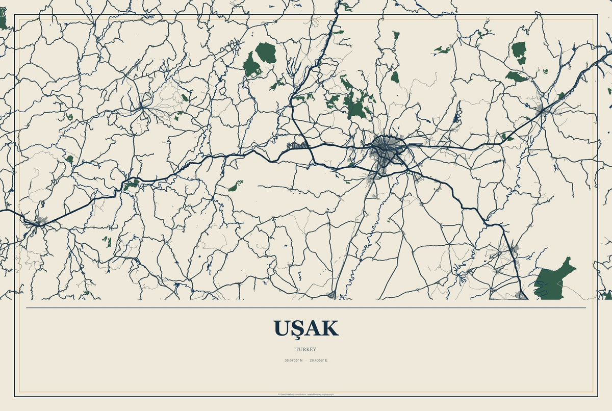 Uşak, Turkey City Map Aluminum Sign in Coastal Cutout style