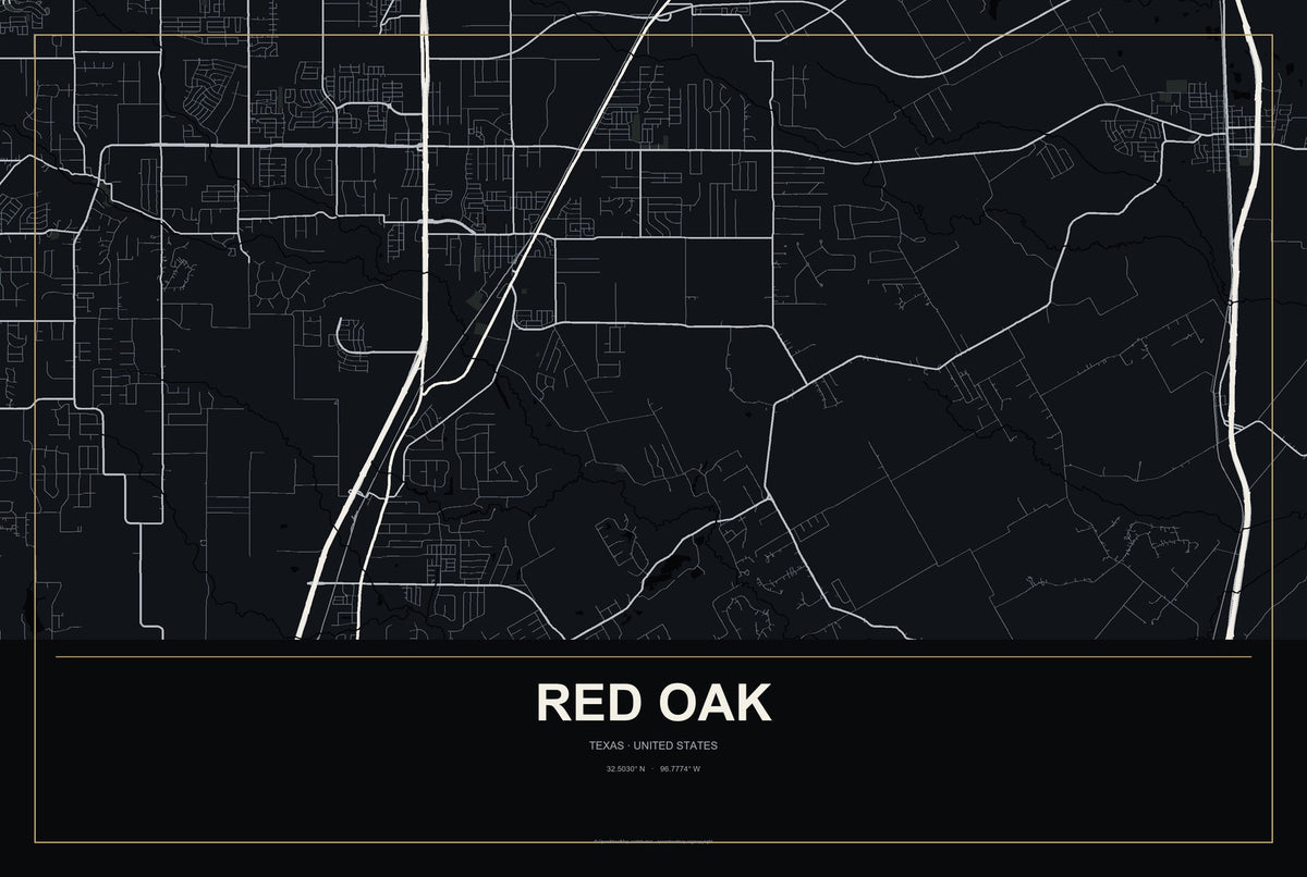 Red Oak, Texas City Map Aluminum Sign in Metropolitan Noir style