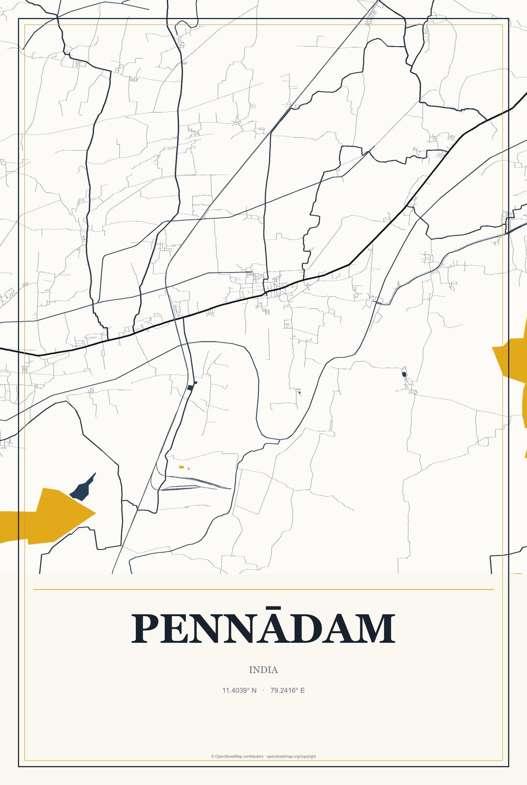 Pennādam, India City Map Aluminum Sign in Citrine Modern style