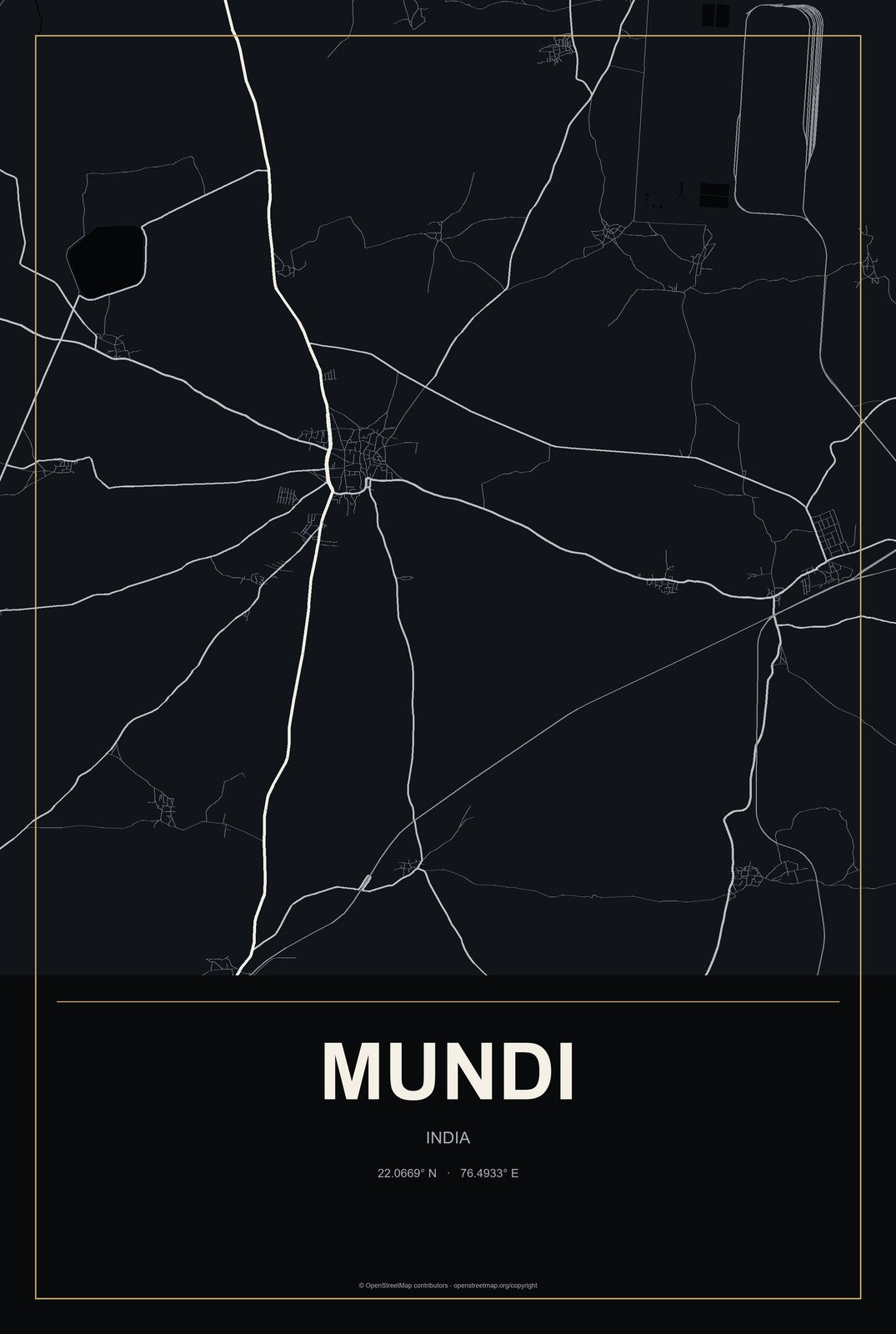 Mundi, India City Map Aluminum Sign in Metropolitan Noir style