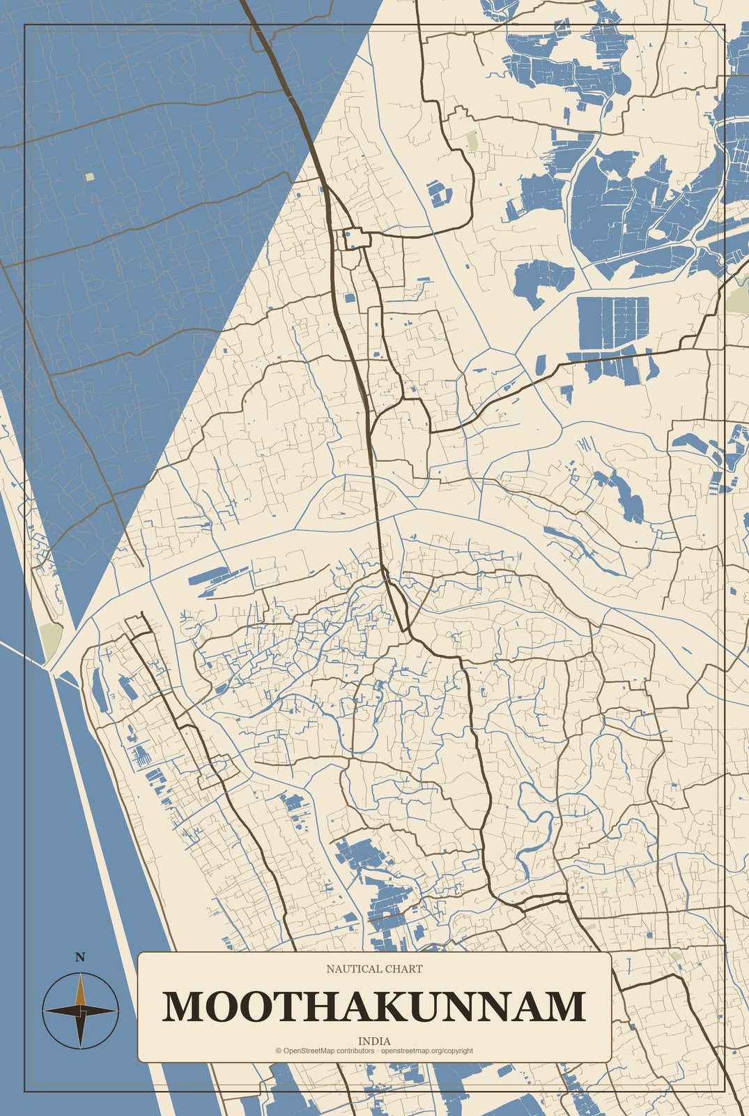 Moothakunnam, India City Map Aluminum Sign in Heritage Nautical style
