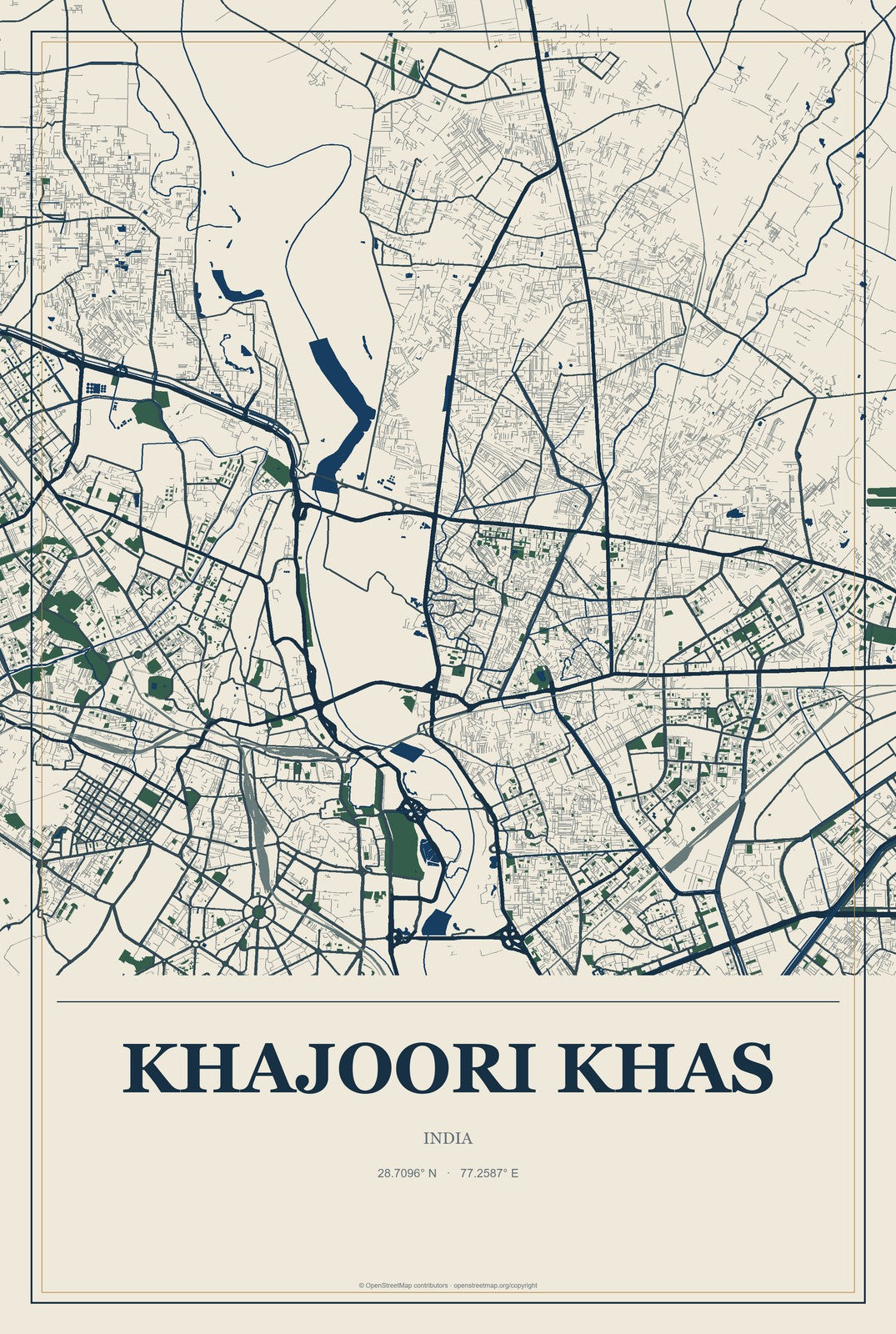 Khajoori Khas, India City Map Aluminum Sign in Coastal Cutout style