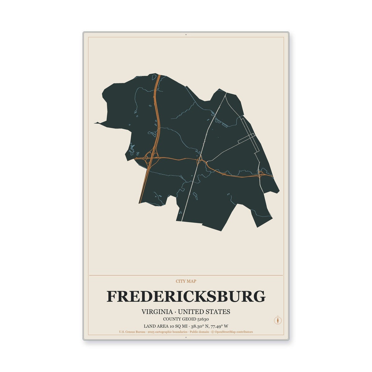 Fredericksburg city, Virginia Map Aluminum Sign in Headline Atlas style