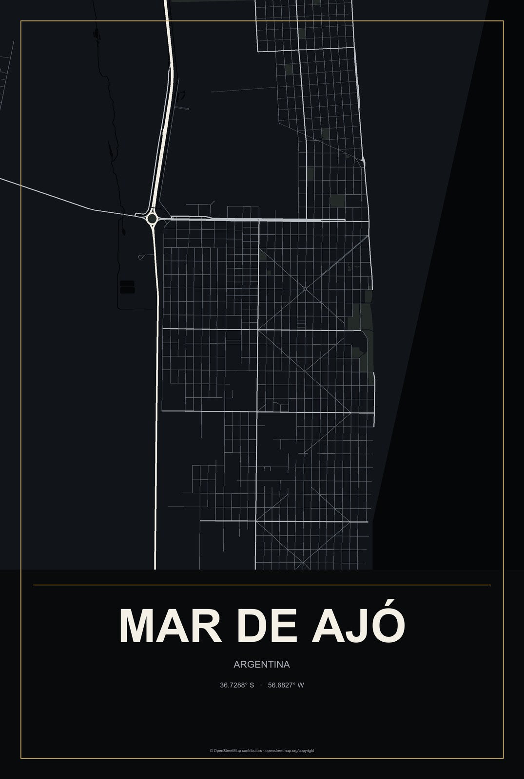 Mar de Ajó, Argentina City Map Aluminum Sign in Metropolitan Noir style