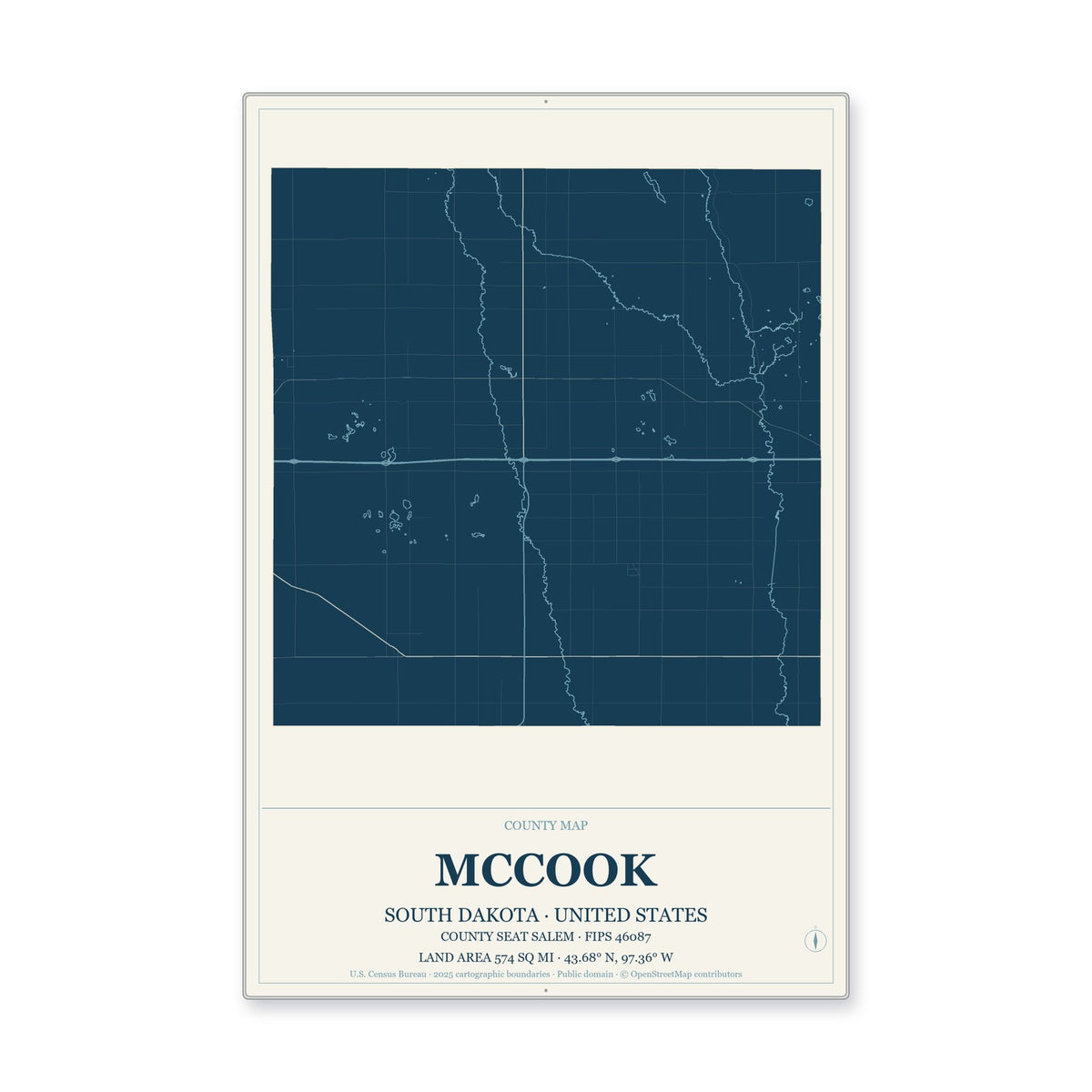 McCook County, South Dakota Map Aluminum Sign in Coastal Cutout style