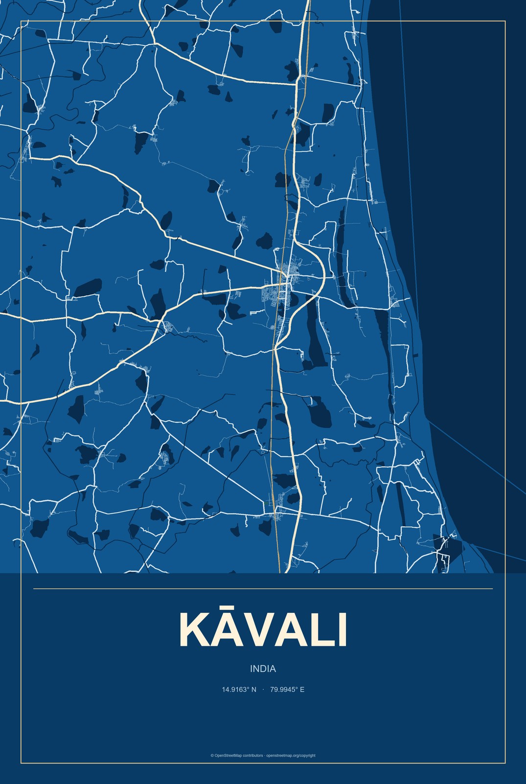 Kāvali, India City Map Aluminum Sign in Harbor Cobalt style