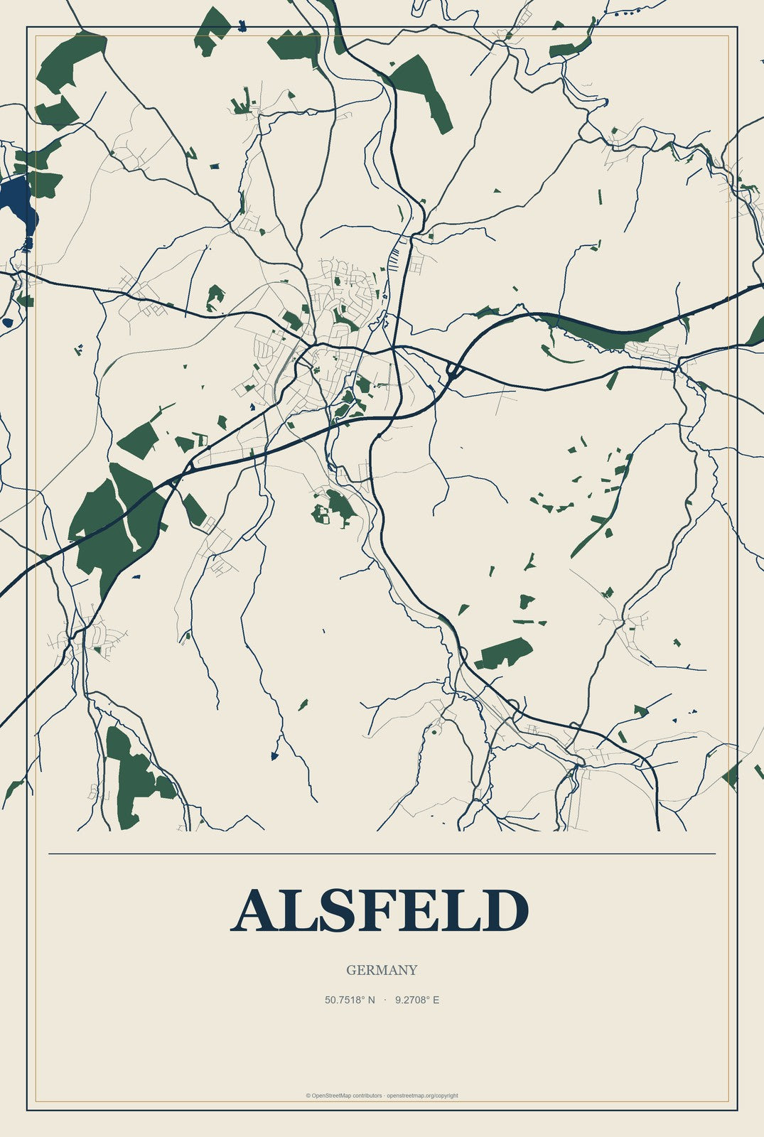Alsfeld, Germany City Map Aluminum Sign in Coastal Cutout style