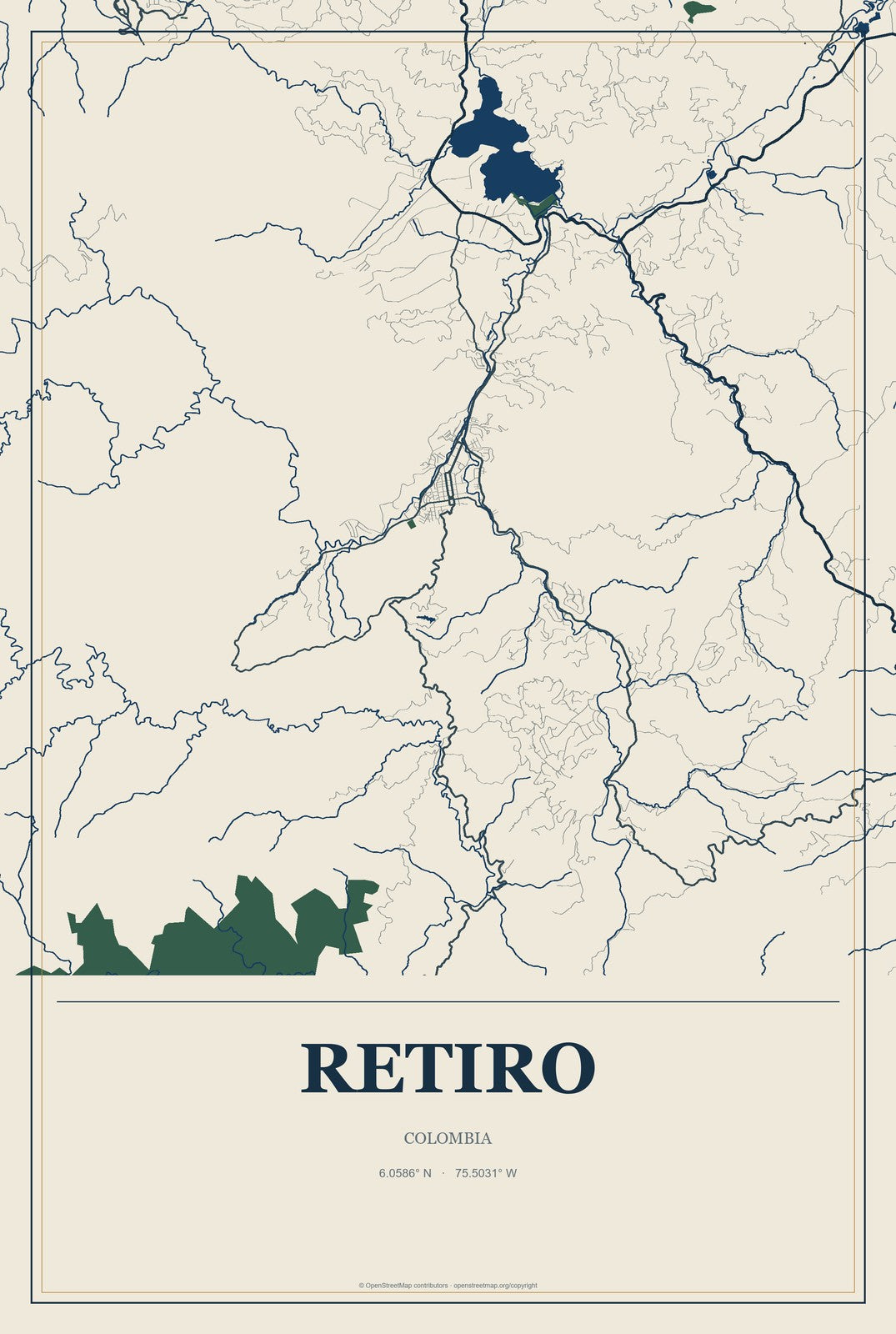 Retiro, Colombia City Map Aluminum Sign in Coastal Cutout style