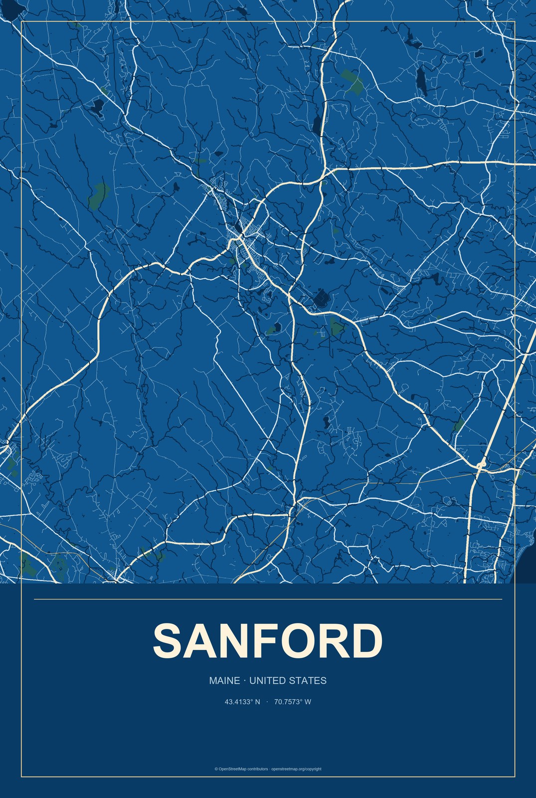 Sanford, Maine City Map Aluminum Sign in Harbor Cobalt style