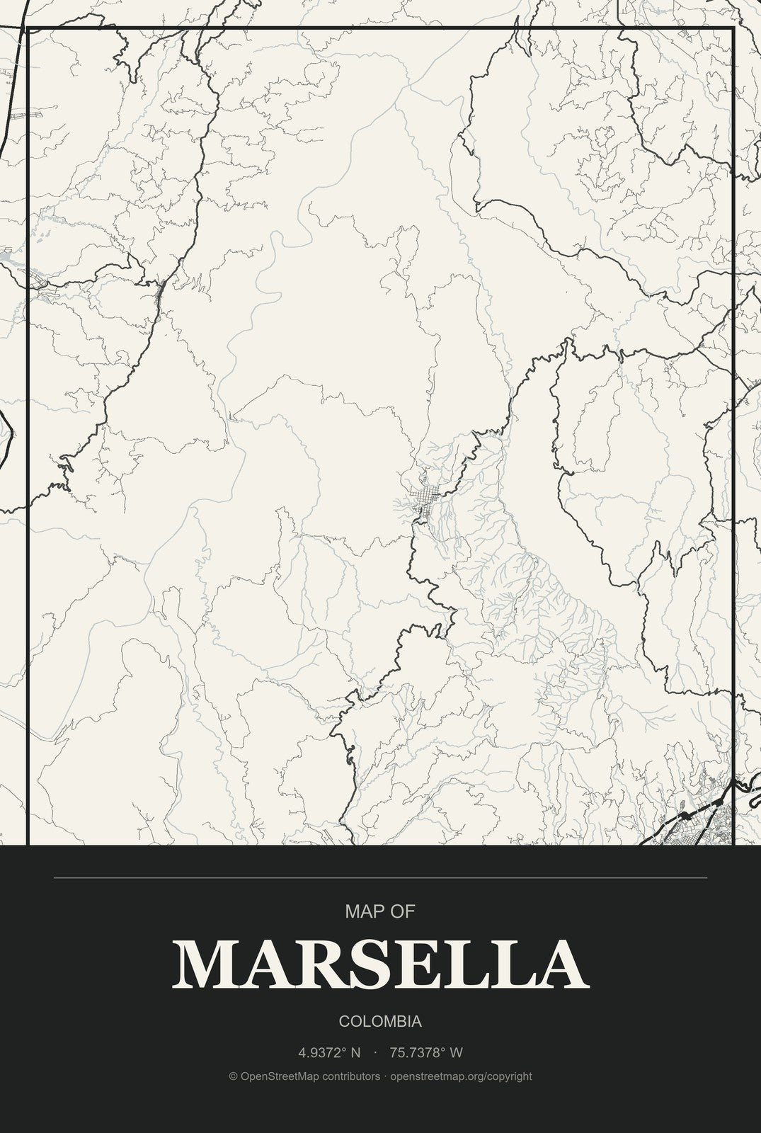 Marsella, Colombia City Map Aluminum Sign in Museum Plaque style