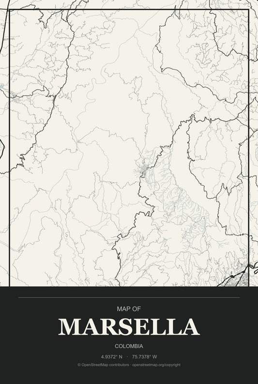 Marsella, Colombia City Map Aluminum Sign in Museum Plaque style