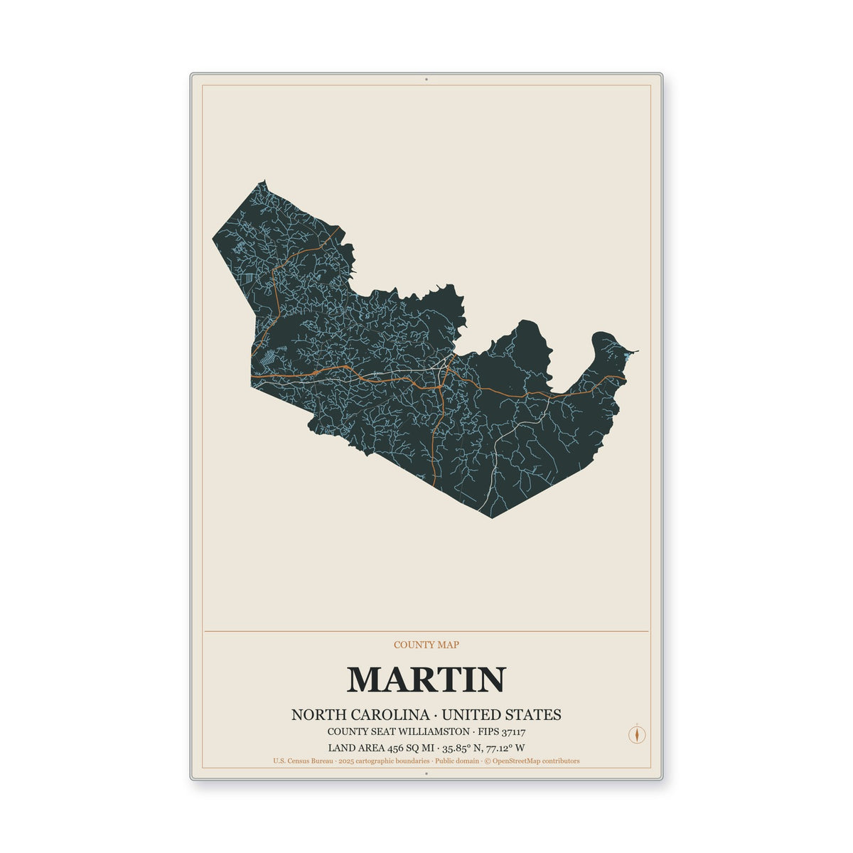 Martin County, North Carolina Map Aluminum Sign in Headline Atlas style