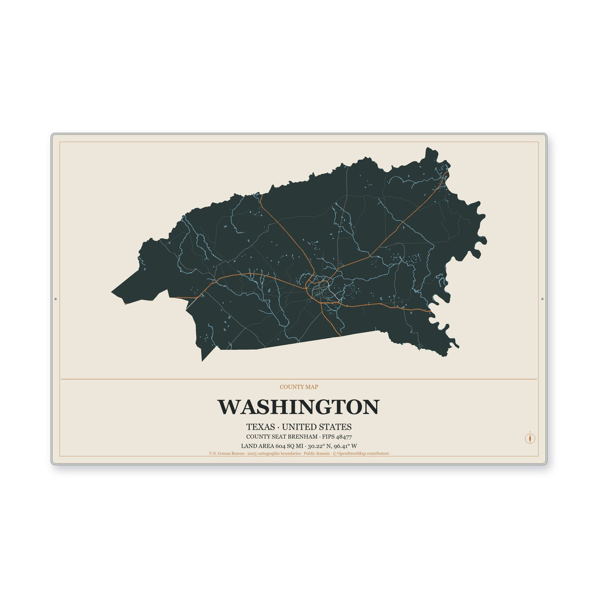 Washington County, Texas Map Aluminum Sign in Headline Atlas style