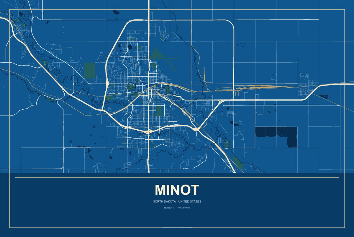 Minot, North Dakota City Map Aluminum Sign in Harbor Cobalt style