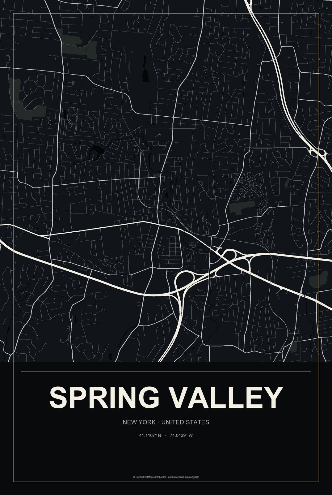Spring Valley, New York City Map Aluminum Sign in Metropolitan Noir style