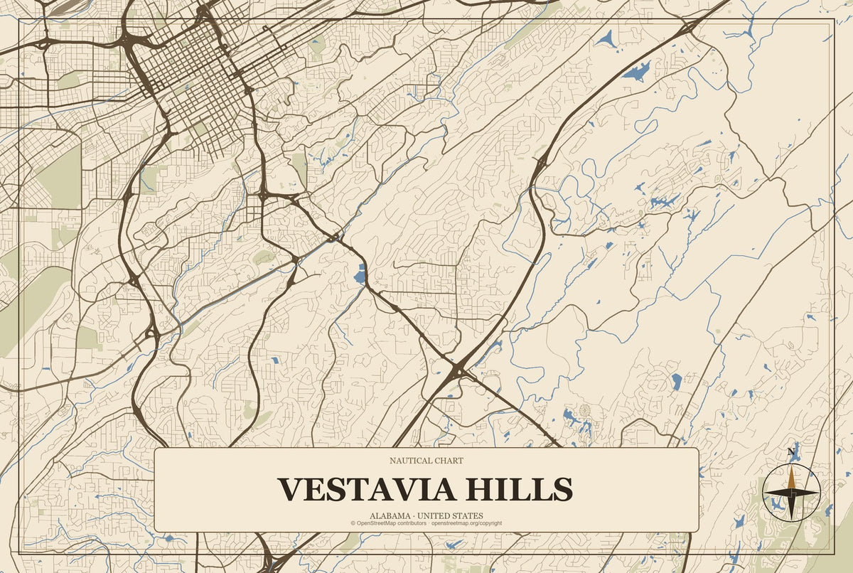 Vestavia Hills, Alabama City Map Aluminum Sign in Heritage Nautical style