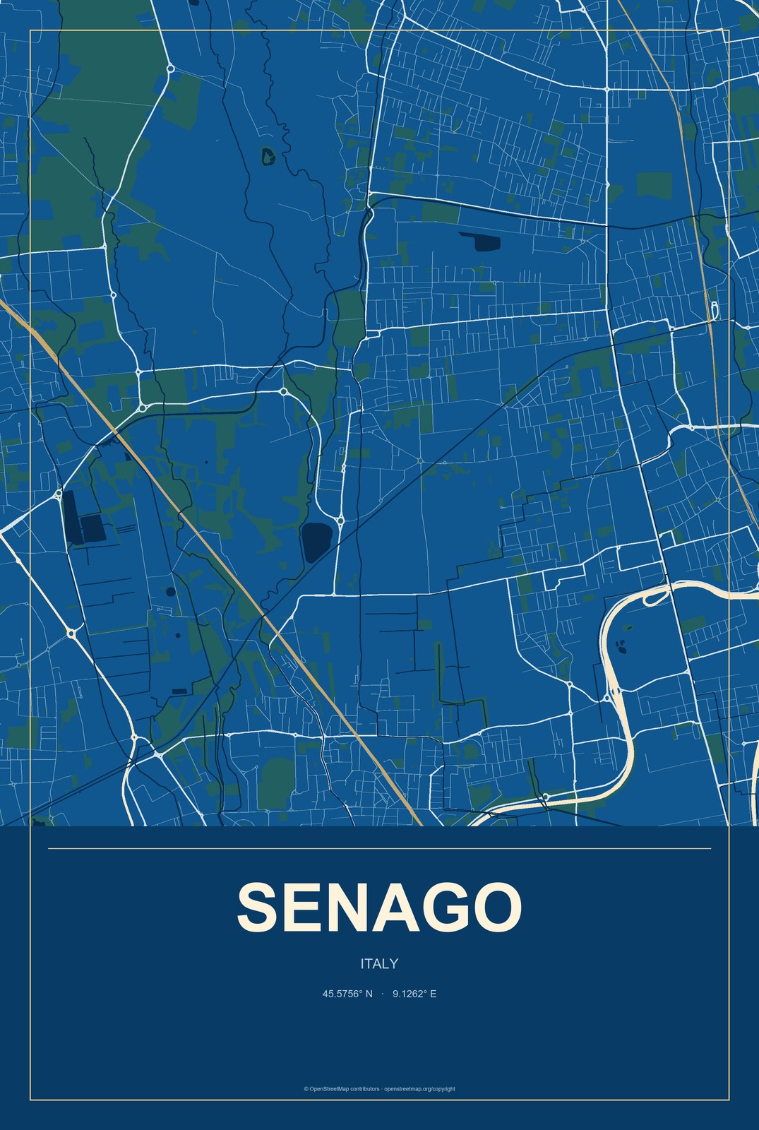 Senago, Italy City Map Aluminum Sign in Harbor Cobalt style