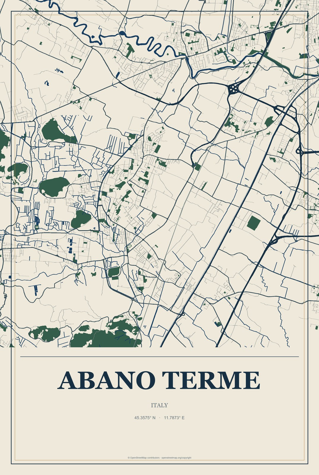 Abano Terme, Italy City Map Aluminum Sign in Coastal Cutout style