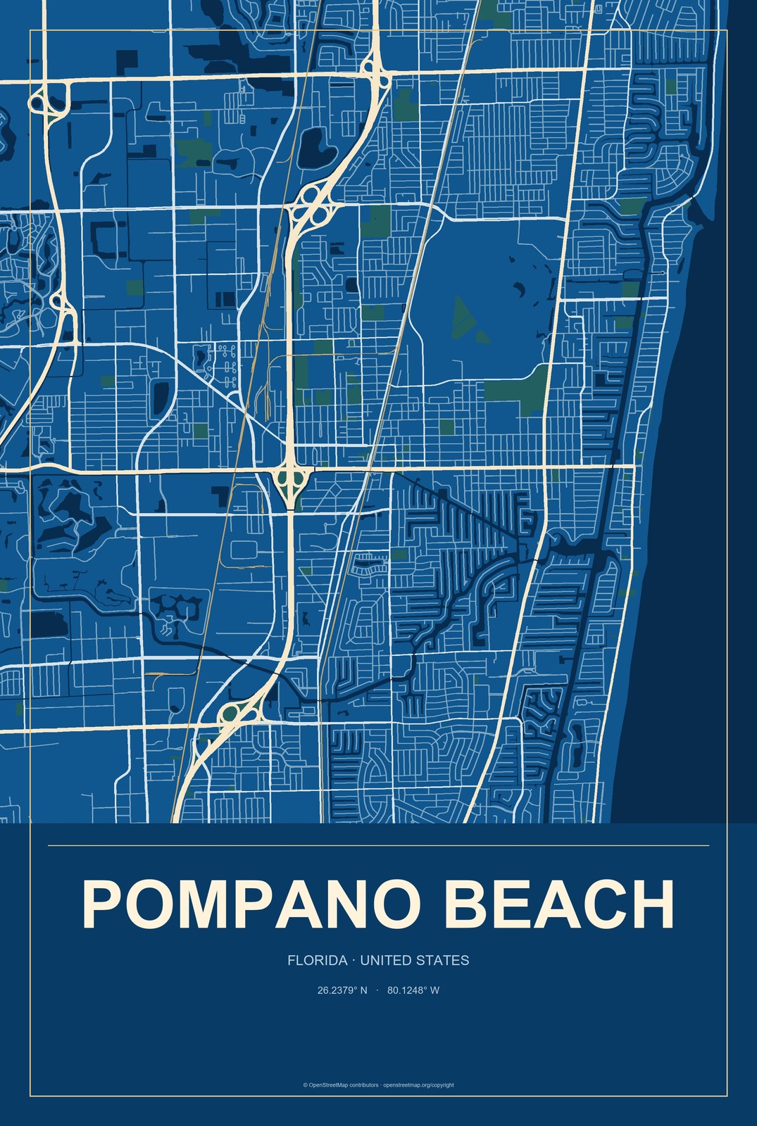 Pompano Beach, Florida City Map Aluminum Sign in Harbor Cobalt style