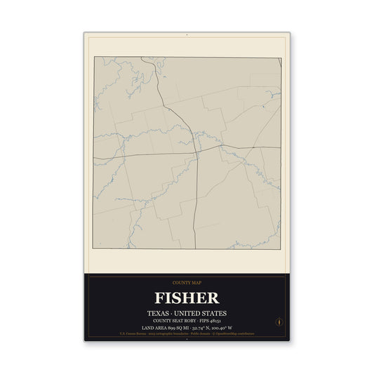 Fisher County, Texas Map Aluminum Sign in Museum Plaque style