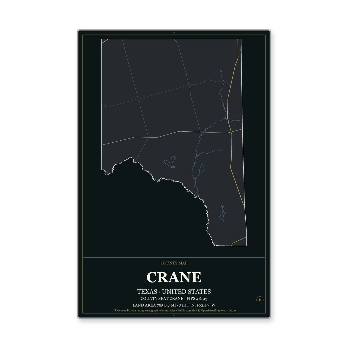 Crane County, Texas Map Aluminum Sign in Metropolitan Noir style
