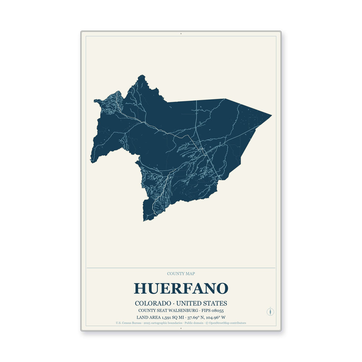 Huerfano County, Colorado Map Aluminum Sign in Coastal Cutout style