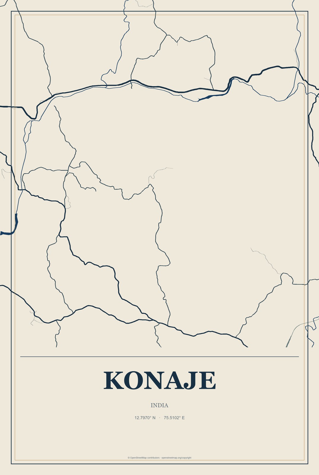 Konaje, India City Map Aluminum Sign in Coastal Cutout style