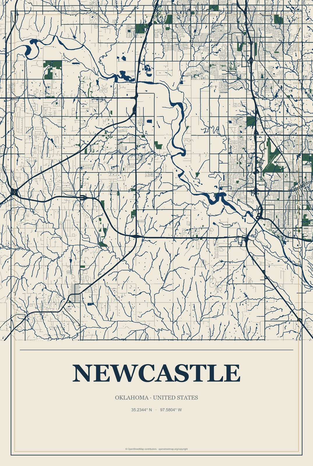 Newcastle, Oklahoma City Map Aluminum Sign in Coastal Cutout style