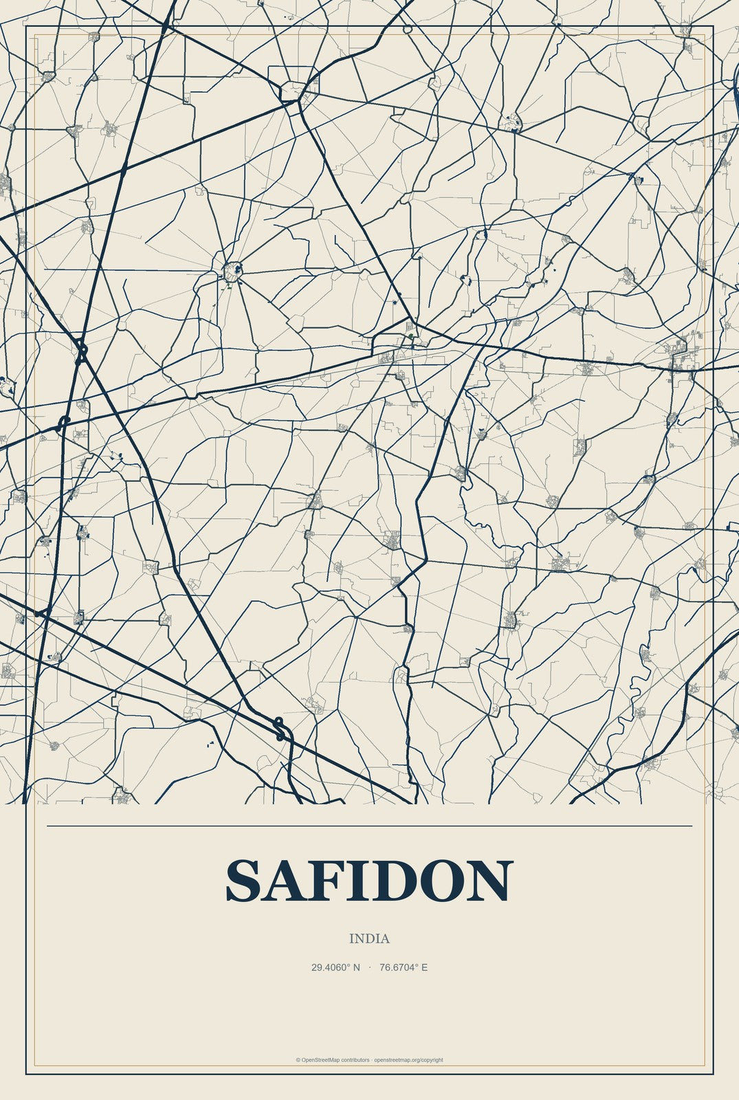 Safidon, India City Map Aluminum Sign in Coastal Cutout style