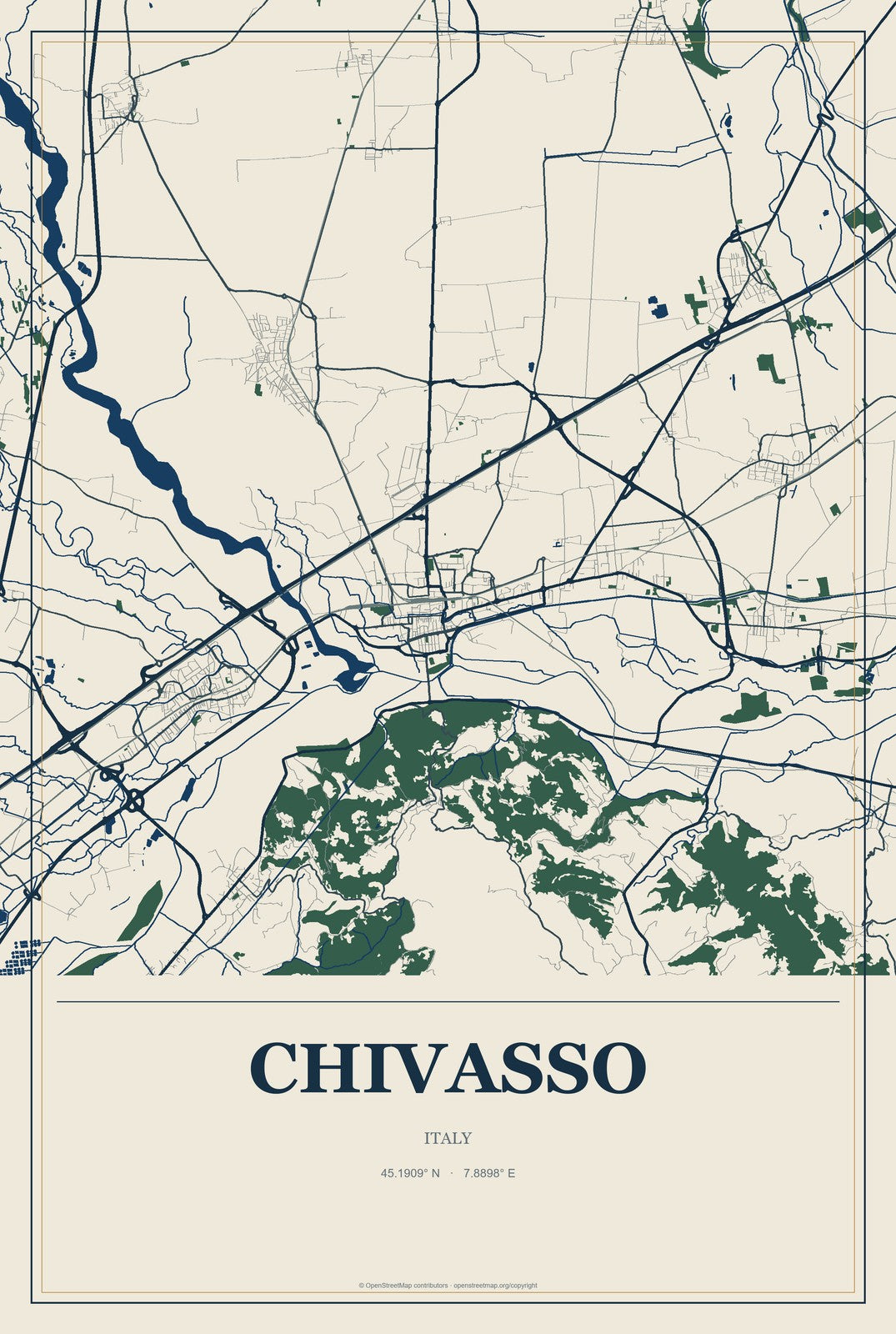 Chivasso, Italy City Map Aluminum Sign in Coastal Cutout style