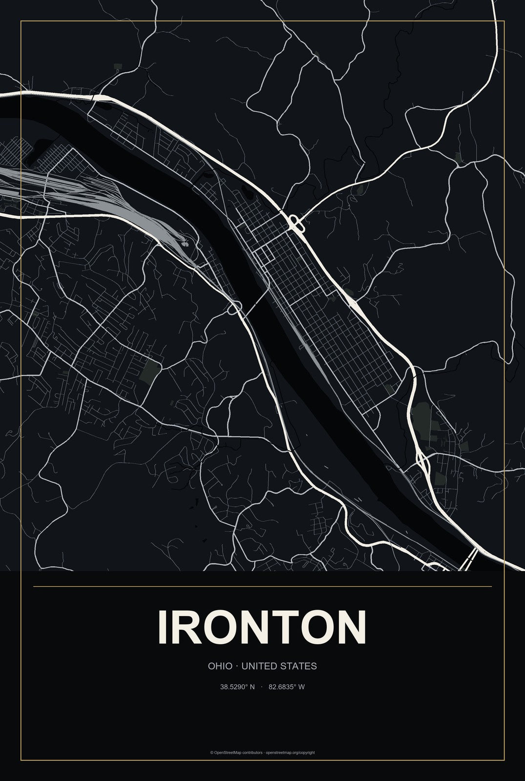Ironton, Ohio City Map Aluminum Sign in Metropolitan Noir style