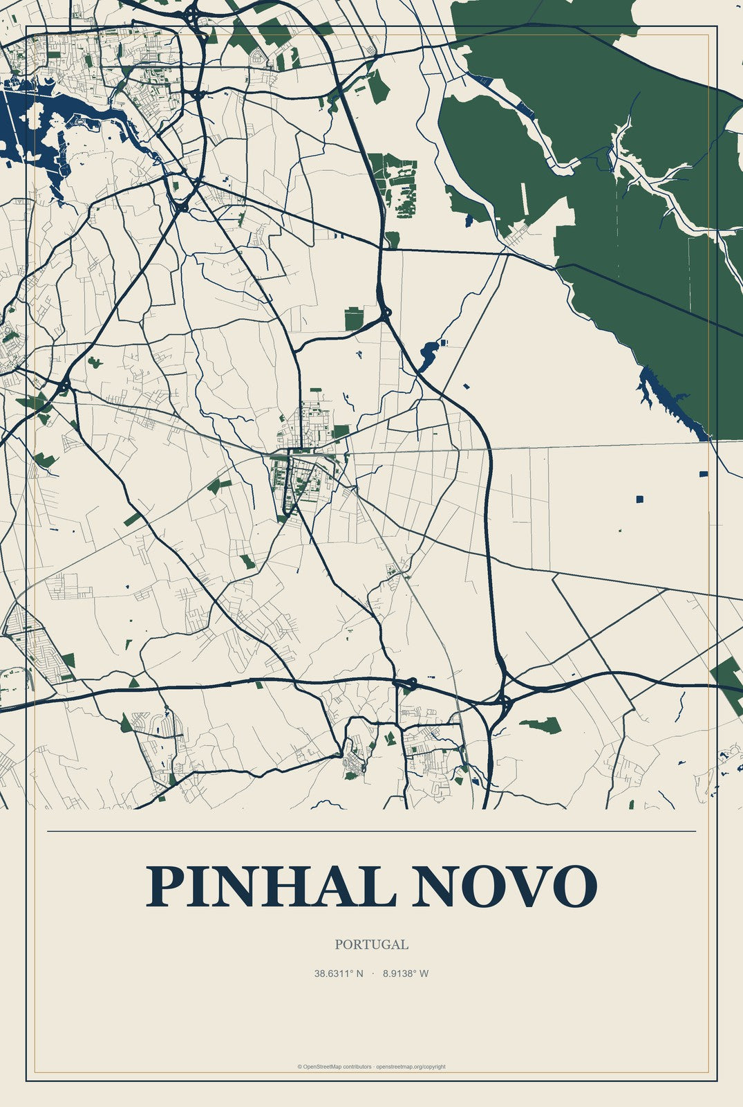 Pinhal Novo, Portugal City Map Aluminum Sign in Coastal Cutout style