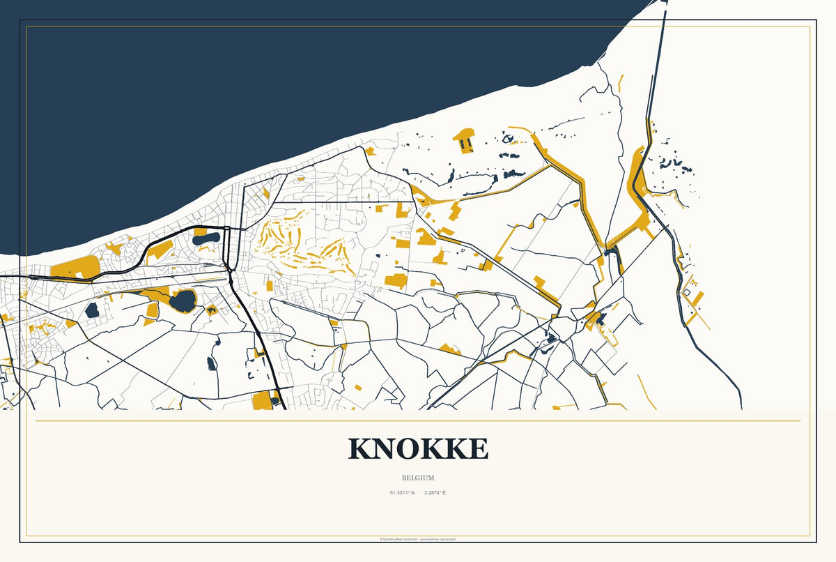 Knokke, Belgium City Map Aluminum Sign in Citrine Modern style