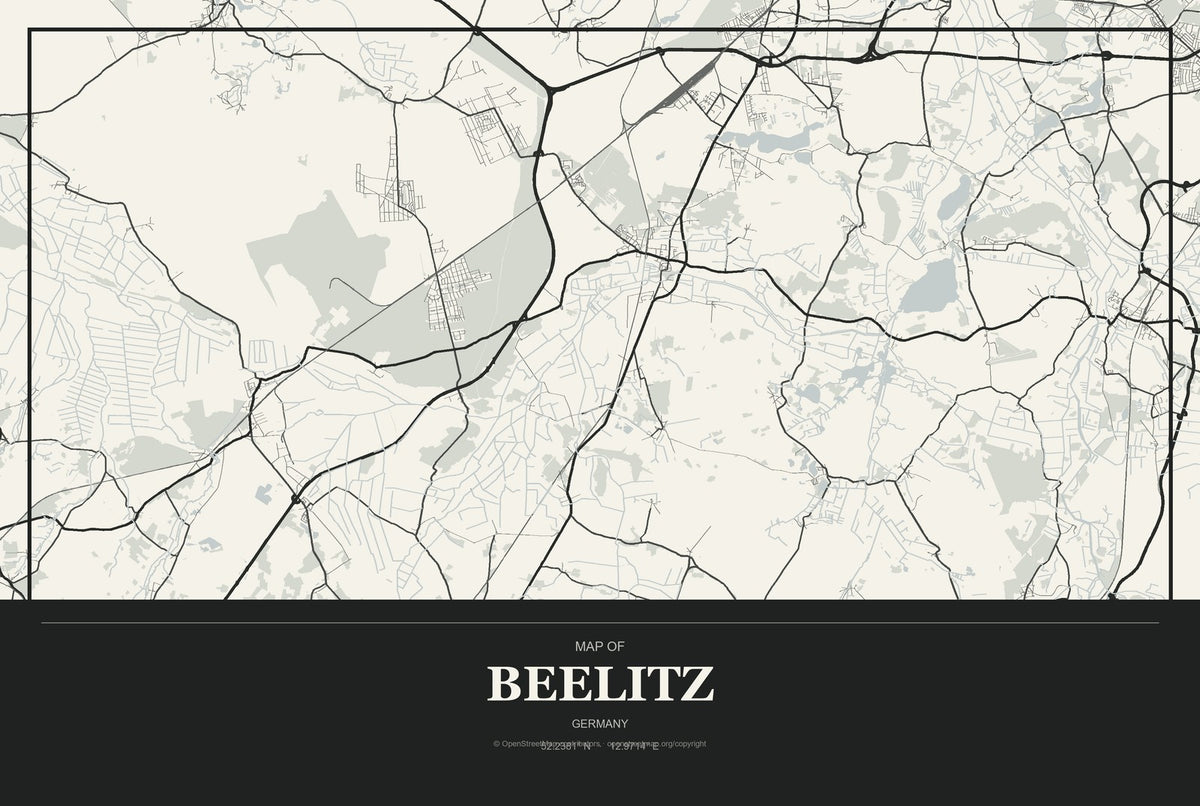 Beelitz, Germany City Map Aluminum Sign in Museum Plaque style