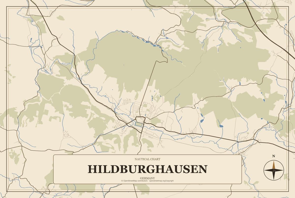 Hildburghausen, Germany City Map Aluminum Sign in Heritage Nautical style