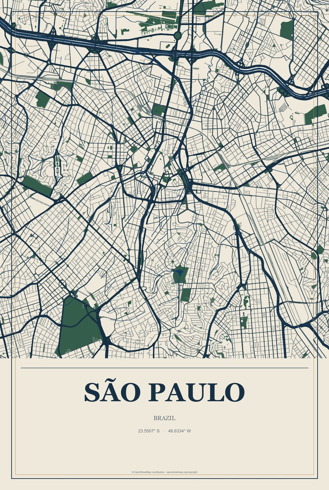 São Paulo, Brazil City Map Aluminum Sign in Coastal Cutout style