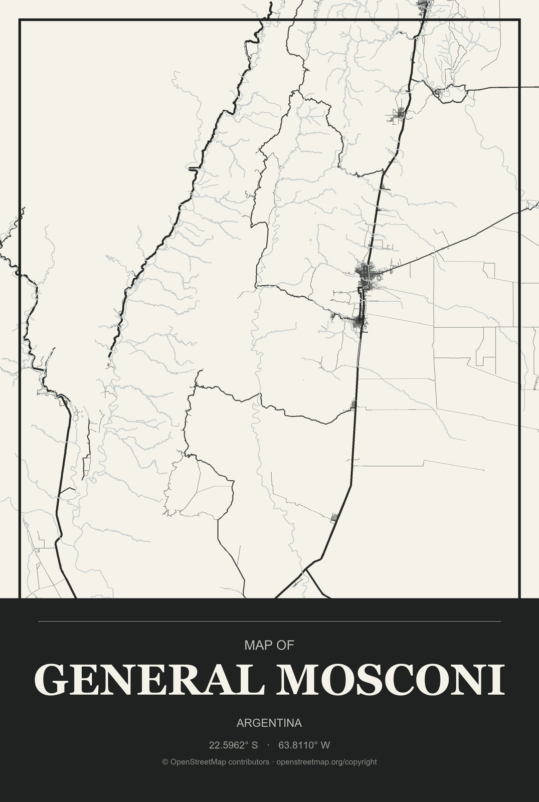General Mosconi, Argentina City Map Aluminum Sign in Museum Plaque style