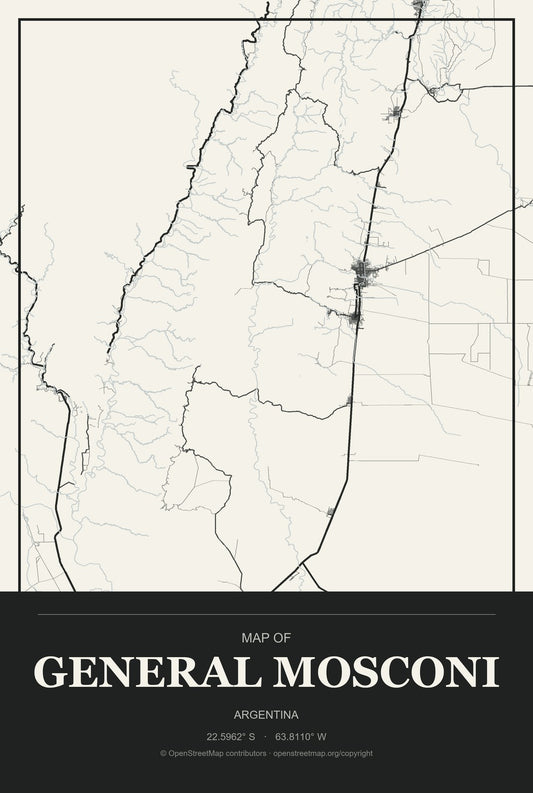 General Mosconi, Argentina City Map Aluminum Sign in Museum Plaque style