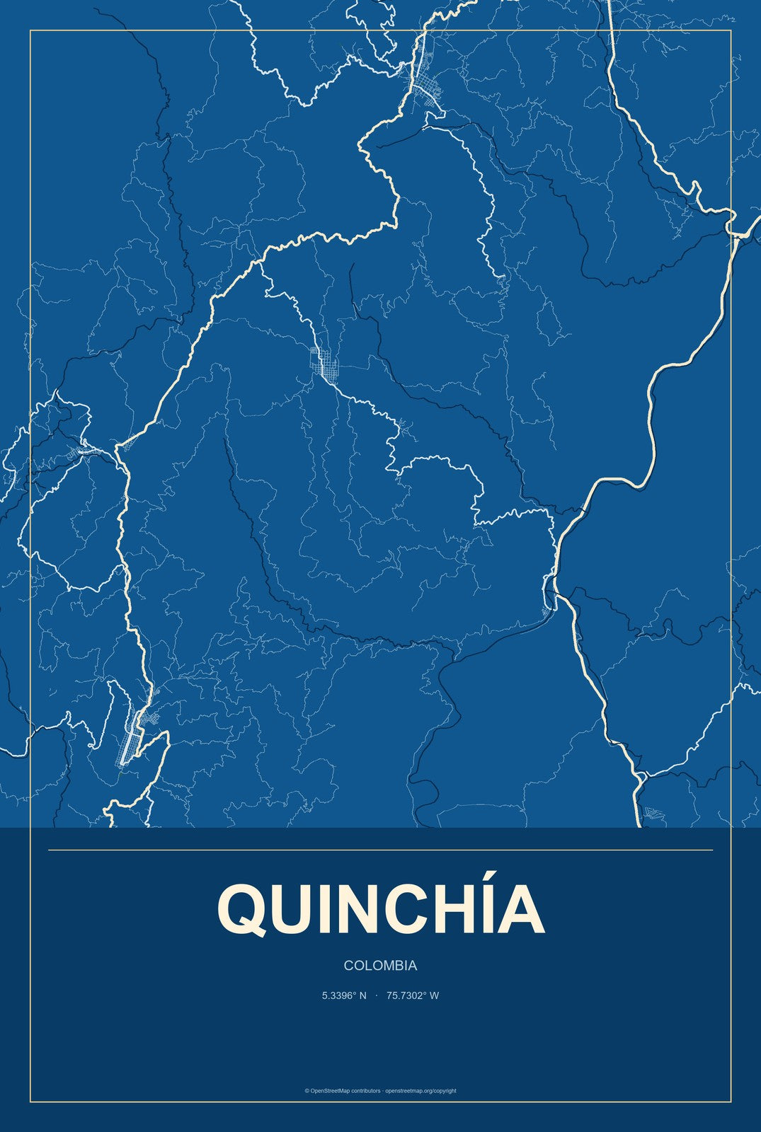 Quinchía, Colombia City Map Aluminum Sign in Harbor Cobalt style