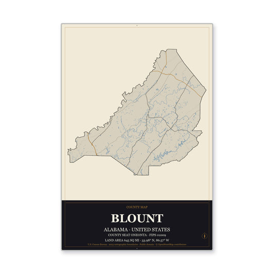 Blount County, Alabama Map Aluminum Sign in Museum Plaque style